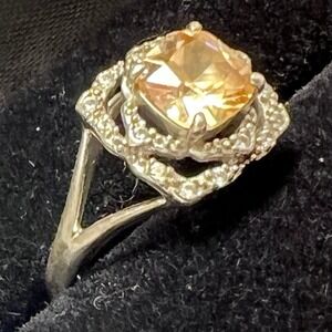 Vtg Avon Champagne Cushion Cut Double Halo Split Shank Ring Sterling Silver 6.5